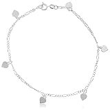 Real 925 Sterling Silver Mini Heart Charms 9.5 Inch Figaro Anklet