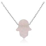 Real 925 Sterling Silver White Created Opal Hamsa Pendant with an Adjustable 16.25 Inch Link Necklace