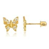 14k Yellow Gold Butterfly with Cz Screw Back Stud Earrings