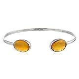Real 925 Sterling Silver Adjustable Cuff Bangle Bracelet with Two Oval Amber Stones