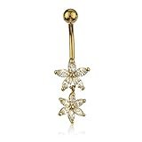 Real 14k Yellow Gold Flower with Cubic Zirconia Stones Belly Button Ring