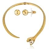 Goldtone Snake with Grey Eyes & Faux Pearl Curved Bar Design Adjustable Neck Collar Choker Jewelry Set