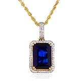 10k Yellow Gold 1/4 Cttw Diamond Pendant with a 7.00 Carat Synthetic Sapphire & 10k 2mm 24 Inch Rope Necklace