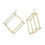 Goldtone Large 3d Square with Stones Hoop Earrings