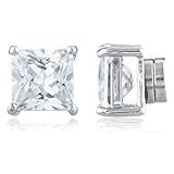 New & Improved! Silvertone with Clear Cz Square Magnetic Stud Earrings - 4mm to 12mm Available