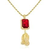 Men's Real 925 Sterling Silver Simulated Red Gemstone with Praying Hands Pendant and a 3mm 24 Rope Chain