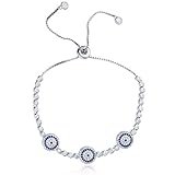 Real 925 Sterling Silver Triple Evil Eye Bezel Cubic Zirconia Adjustable Bracelet