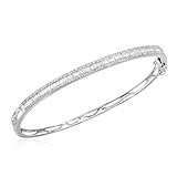 Real 14k White Gold .82 Cttw Baguette and Round Diamond Bangle Bracelet
