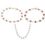 Two Year Warranty Gold Overlay Red Mini Evil Eye Style Matching Anklet, Bracelet and Necklace Set