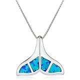 Real 925 Sterling Silver Blue Created Opal Whale Tail Pendant with an 18 Inch Box Necklace