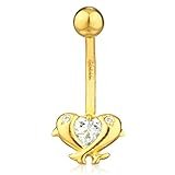 Real 14k Yellow Gold Heart with Cubic Zirconia Stone Belly Button Ring