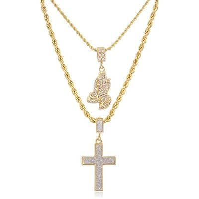 Double Layer Necklace with Iced Out Prayer Hands & Sandblast Cross Pendants 22-28 Inch Rope Chain Necklace - Goldtone or Silvertone