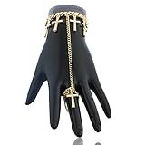 Goldtone Dangling Cross Adjustable Finger Ring and Hand Chain Bracelet