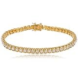 Real 925 Sterling Gold Plated 8 Inch Box Chain Tennis Bracelet with Round Stone Pattern