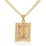 Real 14k Yellow Gold Mother Mary Square Pendant with Cz Stones and a 14k Yellow Gold 2mm Cuban Chain
