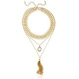 Goldtone Choker Two Layer Necklace with Dangling Pear Shaped Stone & Dangling Tassels