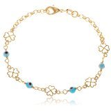 Two Year Warranty Gold Overlay with Light Blue Evil Eyes & Stencil Flower Charms 7.5 Inch Adjustable Link Bracelet