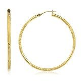 Real 14k Yellow Gold 2mm Frosted Diamond-cut Hoop Earrings -35mm 40mm 50mm & 60mm Available