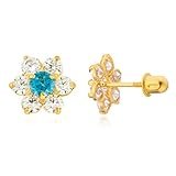 Choose Your Month! - 14k Yellow Gold with Cz Childrens Simulated Birthstone Flower Screw Back Stud Earrings