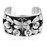 Real 925 Sterling Silver 3D Floral, Leaves and Dragonfly Solid Cuff Bangle Bracelet