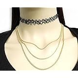 Black Elastic Stretch Choker with Goldtone Layered Chain Necklaces
