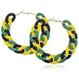 Goldtone Metal with Multi Jamaican Colors Plastic 3.5 Inches Chain Link Hoop Earrings
