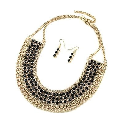 Gold 18 Inch Adjustable Multi Chain Necklace with Resin Stones and Matching Earrings Jewelry Set
