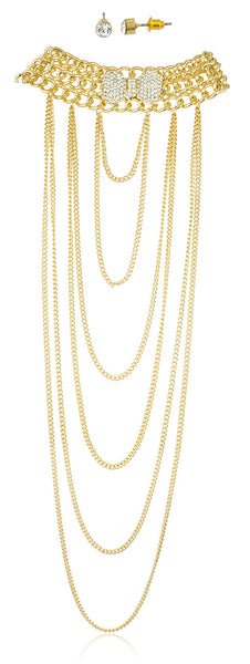 Goldtone With Clear Stones 15-18 Inch Adjustable Length Bow Style Choker Body Chain With Hanging Cuban Links And Matching Earrings Jewelry Set