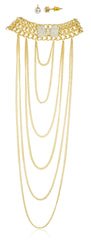 Goldtone With Clear Stones 15-18 Inch Adjustable Length Bow Style Choker Body Chain With Hanging Cuban Links And Matching Earrings Jewelry Set
