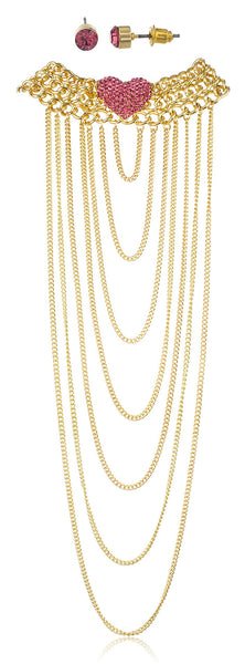 Goldtone With Pink Stones 15-18 Inch Adjustable Length Heart Style Choker Body Chain With Hanging Cuban Links And Matching Earrings Jewelry Set
