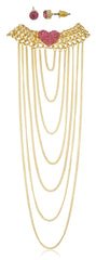 Goldtone With Pink Stones 15-18 Inch Adjustable Length Heart Style Choker Body Chain With Hanging Cuban Links And Matching Earrings Jewelry Set