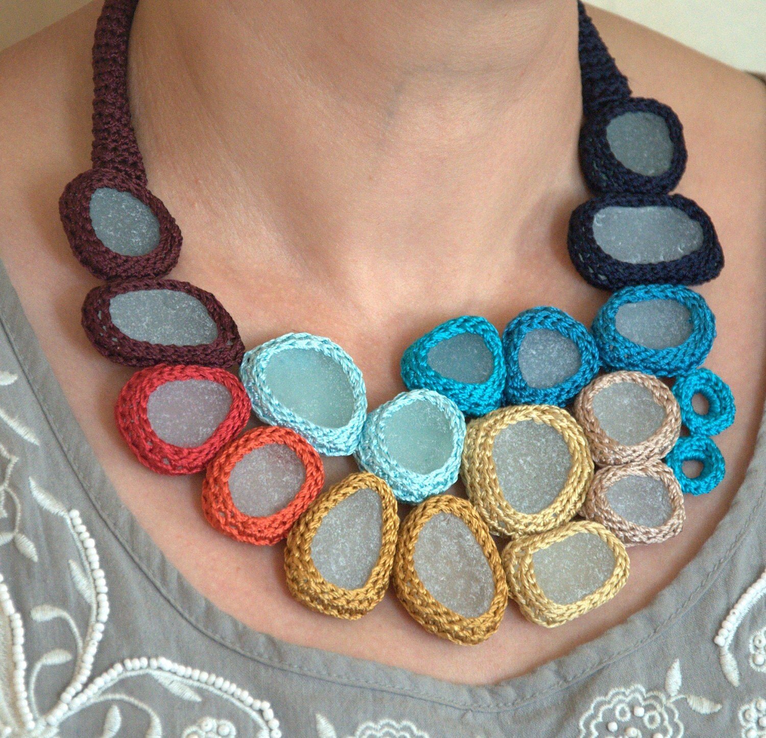 Rainbow necklace with 17 sea glasses crochet OOAK by astash