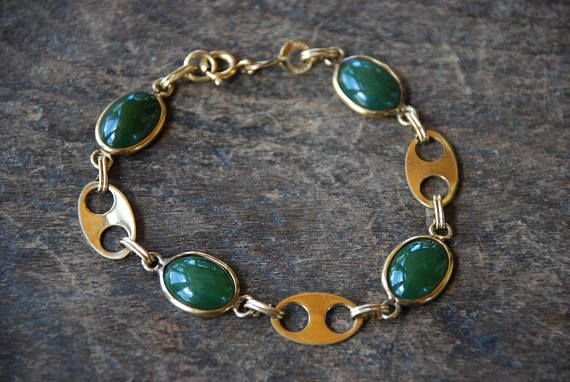 Vintage Winard Green Jade Bracelet 1/20 12K Gold Filled Link Style Oval