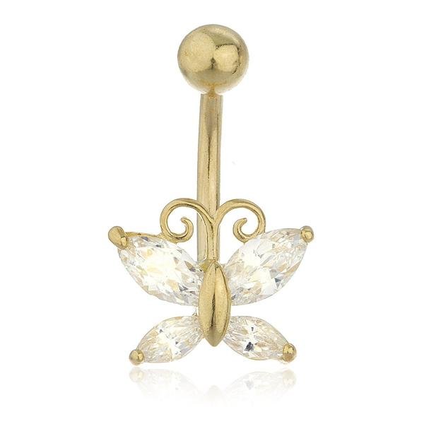 10K Gold Belly Button Ring with Cz Butterfly