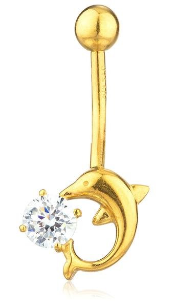 Gold Belly Button Ring Dolphin with CZ Stone