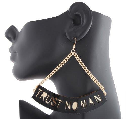 2 Pairs Of Black With Mirrored Goldtone Trust No Man 4 Inch Dangle Earrings