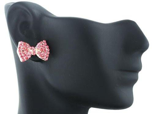 2 Pairs Of Rose Goldtone With Pink Iced Out Mini Style Bow Stud Earrings