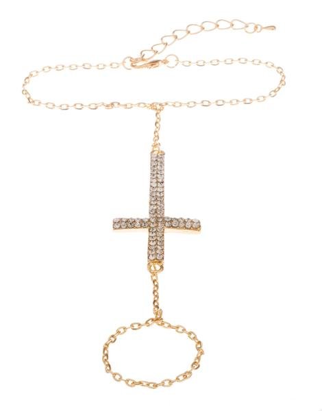 2 Pieces Of Gold With Clear Iced Out Cross Adjustable Slave Hand Chain Bracelet One Size Fits All Poparazzi