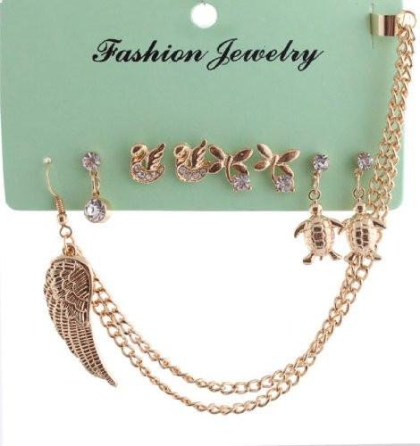 2 Sets Of Goldtone Iced Out Assorted Animals Stud Earring Set With One Ear Cuff