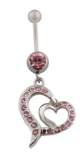 ink Iced Out Disconnected Double Heart with Pink Rhinestones Belly Ring