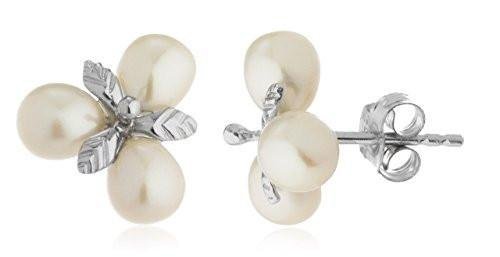 Sterling Silver Stud Earrings Simulated Pearl Cluster with Leaves