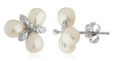 Sterling Silver Stud Earrings Simulated Pearl Cluster with Leaves