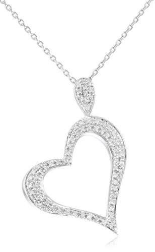 14K White Gold 0.21 Cttw Diamond Slanted Heart Pendant with a Silver 18 Inch Necklace