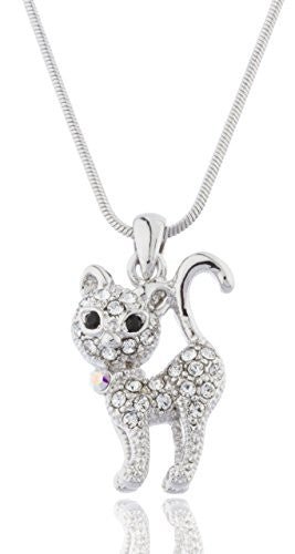 Silvertone with Clear Stones Cat Pendant 16 Inch Snake Franco Necklace