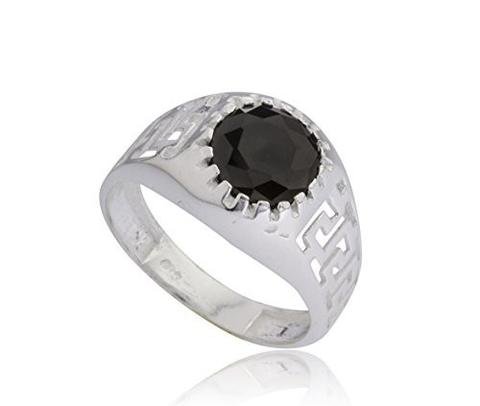 925 Sterling Silver Greek Key Link Band Ring with Black Round Cz Stone