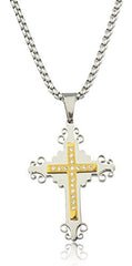 Large Stainless Steel Two-tone Ancient Double Cross Pendant with Stones and a 24 Inch Round Box Chain Necklace