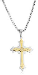 Large Stainless Steel Two-tone Ancient 3d Double Cross Pendant with Centered Stones and a 24 Inch Round Box Chain Necklace