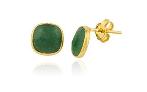 925 Sterling Silver Goldtone Simulated Emerald Square Stone Earrings