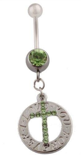 Green Iced Out Cross with Circle Emblem and Rhinestones Belly Ring