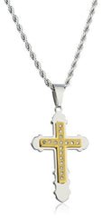 Large Stainless Steel Two-tone Double Cross Key Design Pendant with Stones and a 24 Inch Rope Chain Necklace